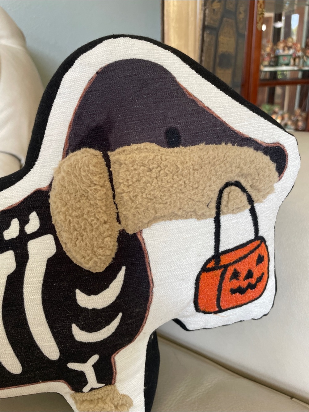 Halloween Dachshund Skeleton Decorative Pillow - Black, White & Orange - Picture 3 of 9